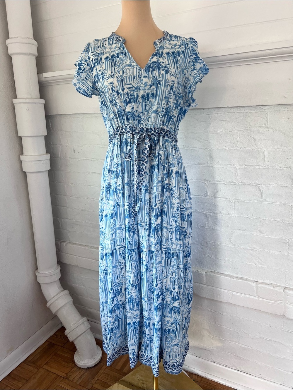 Charlee Aubrey Midi Dress Blue White Toile Landscape Print Cotton Size Medium